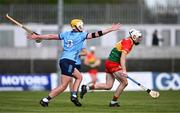 27 April 2024; Martin Kavanagh of Carlow gets away from Mark Grogan of Dublin during the Leinster GAA Hurling Senior Championship Round 2 match between Carlow and Dublin at Netwatch Cullen Park in Carlow. Photo by Piaras Ó Mídheach/Sportsfile