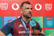 27 April 2024; Man of the Match Munster captain Tadhg Beirne is interviewed after the United Rugby Championship match between Emirates Lions and Munster at Emirates Airline Park in Johannesburg, South Africa. Photo by Shaun Roy/Sportsfile