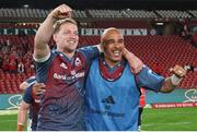 27 April 2024; Mike Haley and Simon Zebo of Munster celebrate after Munster beat Emirates Lions 13-33 in the United Rugby Championship match between Emirates Lions and Munster at Emirates Airline Park in Johannesburg, South Africa. Photo by Shaun Roy/Sportsfile