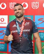 27 April 2024; Man of the Match Munster captain Tadhg Beirne poses with his medal after the United Rugby Championship match between Emirates Lions and Munster at Emirates Airline Park in Johannesburg, South Africa. Photo by Shaun Roy/Sportsfile