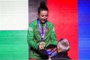 27 April 2024; Shannon Sweeney of Ireland is presented with her prize and gold medal after winning the Women's 50kg Light Flyweight final during the 2024 European Boxing Championships at Aleksandar Nikolic Hall in Belgrade, Serbia. Photo by Nikola Krstic/Sportsfile