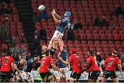 27 April 2024; Munster captain Tadhg Beirne gets up high to win the line out ball during the United Rugby Championship match between Emirates Lions and Munster at Emirates Airline Park in Johannesburg, South Africa. Photo by Shaun Roy/Sportsfile