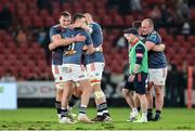 27 April 2024; Gavin Coombes and Shane Daly of Munster celebrate after Munster beat Emirates Lions 13-33 in the United Rugby Championship match between Emirates Lions and Munster at Emirates Airline Park in Johannesburg, South Africa. Photo by Shaun Roy/Sportsfile