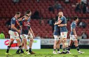 27 April 2024; Jeremy Loughman and RG Snyman of Munster celebrate after Munster beat Emirates Lions 13-33 in the United Rugby Championship match between Emirates Lions and Munster at Emirates Airline Park in Johannesburg, South Africa. Photo by Shaun Roy/Sportsfile