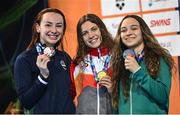 27 April 2024; On the podium after the Women's 100m Breaststroke SB8 Final are, from left, Ellen Keane of Ireland, second place; Anastasiya Dmytriv Dmytriv of Spain, first place; and Viktoriia Ishchiulova of Neutral Para Athlete, third place; during day seven of the Para Swimming European Championships at the Penteada Olympic Pools Complex in Funchal, Portugal. Photo by Ramsey Cardy/Sportsfile