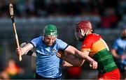 27 April 2024; Fergal Whitely of Dublin in action against Jack McCullagh of Carlow during the Leinster GAA Hurling Senior Championship Round 2 match between Carlow and Dublin at Netwatch Cullen Park in Carlow. Photo by Piaras Ó Mídheach/Sportsfile