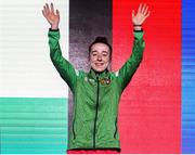 27 April 2024; Shannon Sweeney of Ireland celebrates during the medal presentation ceremony after winning the Women's 50kg Light Flyweight final during the 2024 European Boxing Championships at Aleksandar Nikolic Hall in Belgrade, Serbia. Photo by Nikola Krstic/Sportsfile
