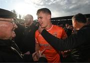 27 April 2024; Oisin O'Neill of Armagh is congratulated after the Ulster GAA Football Senior Championship semi-final match between Down and Armagh at St Tiernach's Park in Clones, Monaghan. Photo by Stephen McCarthy/Sportsfile
