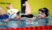 27 April 2024; Second placed Nicole Turner of Ireland, left, and third placed Maisie Summers-Newton of Great Britain after the Women's 50m Butterfly S6 Final during day seven of the Para Swimming European Championships at the Penteada Olympic Pools Complex in Funchal, Portugal. Photo by Ramsey Cardy/Sportsfile