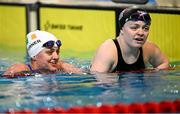 27 April 2024; Second placed Nicole Turner of Ireland, left, and third placed Maisie Summers-Newton of Great Britain after the Women's 50m Butterfly S6 Final during day seven of the Para Swimming European Championships at the Penteada Olympic Pools Complex in Funchal, Portugal. Photo by Ramsey Cardy/Sportsfile