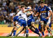 27 April 2024; Gus McCarthy of Leinster is tackled by Marcel Theunissen and Ruben van Heerden of DHL Stormers during the United Rugby Championship match between DHL Stormers and Leinster at the DHL Stadium in Cape Town, South Africa. Photo by Harry Murphy/Sportsfile