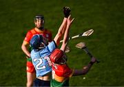 27 April 2024; Paul Crummey of Dublin wins possession ahead of Niall Bolger of Carlow, right, during the Leinster GAA Hurling Senior Championship Round 2 match between Carlow and Dublin at Netwatch Cullen Park in Carlow. Photo by Piaras Ó Mídheach/Sportsfile