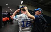 27 April 2024; Gus McCarthy of Leinster has his first cap fixed by his father Robert after making his debut in the United Rugby Championship match between DHL Stormers and Leinster at the DHL Stadium in Cape Town, South Africa. Photo by Harry Murphy/Sportsfile