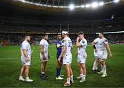 27 April 2024; Leinster players, from left, Michael Milne, Michael Ala'alatoa, Sam Prendergast, Gus McCarthy and Max Deegan with Damian Willemse of DHL Stormers after their side's defeat in the United Rugby Championship match between DHL Stormers and Leinster at the DHL Stadium in Cape Town, South Africa. Photo by Harry Murphy/Sportsfile