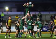 27 April 2024; Joe Joyce of Connacht wins the line out during the United Rugby Championship match between Dragons and Connacht at Rodney Parade in Newport, Wales. Photo by Chris Fairweather/Sportsfile