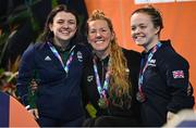 27 April 2024; On the podium after the Women's 50m Butterfly S6 Fina are, from left to right, second placed Nicole Turner of Ireland, race winner Verona Schott of Germany, and third placed Maisie Summers-Newton of Great Britain, during day seven of the Para Swimming European Championships at the Penteada Olympic Pools Complex in Funchal, Portugal. Photo by Ramsey Cardy/Sportsfile