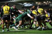 27 April 2024; Dave Heffernan of Connacht is pushed over the line to score a try during the United Rugby Championship match between Dragons and Connacht at Rodney Parade in Newport, Wales. Photo by Chris Fairweather/Sportsfile