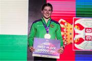27 April 2024; Aoife O'Rourke of Ireland is presented with her prize and gold medal after winning the Women's 75kg Middleweight final during the 2024 European Boxing Championships at Aleksandar Nikolic Hall in Belgrade, Serbia. Photo by Nikola Krstic/Sportsfile
