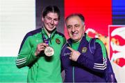 27 April 2024; Aoife O'Rourke of Ireland, left, celebrates with her gold medal alongside coach Zaur Antia after winning the Women's 75kg Middleweight final during the 2024 European Boxing Championships at Aleksandar Nikolic Hall in Belgrade, Serbia. Photo by Nikola Krstic/Sportsfile