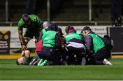 27 April 2024; JJ Hanrahan of Connacht receives treatment for an injury during the United Rugby Championship match between Dragons and Connacht at Rodney Parade in Newport, Wales. Photo by Chris Fairweather/Sportsfile