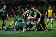 27 April 2024; Dylan Tierney-Martin of Connacht carries the ball over the line to score a try during the United Rugby Championship match between Dragons and Connacht at Rodney Parade in Newport, Wales. Photo by Chris Fairweather/Sportsfile