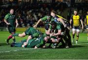 27 April 2024; Dylan Tierney-Martin of Connacht carries the ball over the line to score a try during the United Rugby Championship match between Dragons and Connacht at Rodney Parade in Newport, Wales. Photo by Chris Fairweather/Sportsfile