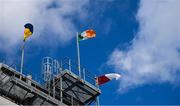 28 April 2024; A Tricolour and the flags of Cork and Clare flutter above the grounds before the Munster GAA Hurling Senior Championship Round 2 match between Cork and Clare at SuperValu Páirc Ui Chaoimh in Cork. Photo by Ray McManus/Sportsfile