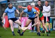 27 April 2024; Paddy Smyth of Dublin in action against Paddy Boland of Carlow during the Leinster GAA Hurling Senior Championship Round 2 match between Carlow and Dublin at Netwatch Cullen Park in Carlow. Photo by Piaras Ó Mídheach/Sportsfile