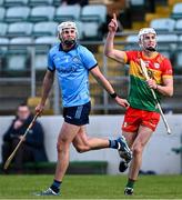 27 April 2024; Paddy Boland of Carlow and Paddy Doyle of Dublin during the Leinster GAA Hurling Senior Championship Round 2 match between Carlow and Dublin at Netwatch Cullen Park in Carlow. Photo by Piaras Ó Mídheach/Sportsfile