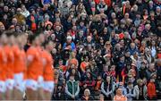27 April 2024; Armagh players and supporters stand for the playing of the National Anthem before the Ulster GAA Football Senior Championship semi-final match between Down and Armagh at St Tiernach's Park in Clones, Monaghan. Photo by Stephen McCarthy/Sportsfile