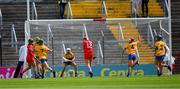 28 April 2024; Saoirse McCarthy of Cork shoots past Clare goalkeeper Rachael Daly to score a goal, in the sixth minute, during the Munster Senior Camogie Championship semi-final match between Cork and Clare at SuperValu Páirc Ui Chaoimh in Cork. Photo by Ray McManus/Sportsfile