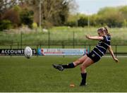 28 April 2024; Molly O'Gorman of Wexford RFC kicks a conversion during the Leinster Girls U18 semi-final match between Athy RFC and Wexford RFC at Athy RFC in Kildare. Photo by Michael P Ryan/Sportsfile