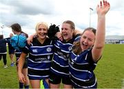 28 April 2024; Wexford RFC players, from left, Ciara Roche, Molly Stewart, and Shannon Codd celebrate after their side's victory in the Leinster Girls U18 semi-final match between Athy RFC and Wexford RFC at Athy RFC in Kildare. Photo by Michael P Ryan/Sportsfile