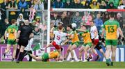 28 April 2024; Sean O’Donnell of Tyrone has a shot on goal blocked during the Ulster GAA Football Senior Championship semi-final match between Donegal and Tyrone at Celtic Park in Derry. Photo by Stephen McCarthy/Sportsfile