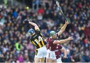 28 April 2024; Fintan Burke of Galway in action against TJ Reid of Kilkenny during the Leinster GAA Hurling Senior Championship Round 2 match between Galway and Kilkenny at Pearse Stadium in Galway. Photo by David Fitzgerald/Sportsfile