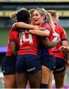 28 April 2024; Chisom Ugwueru of UL Bohemian, 14, celebrates with teammate Stephanie Nunan, right, after scoring their side's second try during the Energia All-Ireland League Women's Division 1 final match between UL Bohemian and Railway Union at the Aviva Stadium in Dublin. Photo by Seb Daly/Sportsfile