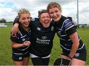 28 April 2024; Wexford RFC manager Ann Maire Dempsey, centre, with players Lily Sidney-Kinsella and Rachel Dempsey after the Leinster Girls U18 semi-final match between Athy RFC and Wexford RFC at Athy RFC in Kildare. Photo by Michael P Ryan/Sportsfile