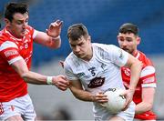 28 April 2024; Jack Sargent of Kildare in action against Tommy Durnin, left, and Ciarán Downey of Louth during the Leinster GAA Football Senior Championship semi-final match between Kildare and Louth at Croke Park in Dublin. Photo by Piaras Ó Mídheach/Sportsfile