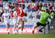28 April 2024; Conor Grimes of Louth has a shot on goal during the Leinster GAA Football Senior Championship semi-final match between Kildare and Louth at Croke Park in Dublin. Photo by Shauna Clinton/Sportsfile