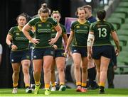 28 April 2024; Nikki Caughey of Railway Union, second from left, after her side conceded a fourth try during the Energia All-Ireland League Women's Division 1 final match between UL Bohemian and Railway Union at the Aviva Stadium in Dublin. Photo by Seb Daly/Sportsfile