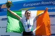 28 April 2024; Margaret Cremen of Ireland celebrates after winning silver in the Lightweight Women's Sculls Final A during the 2024 European Rowing Championships at Szeged in Hungary. Photo by Nikola Krstic/Sportsfile