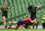 28 April 2024; Faith Oviawe of Railway Union is tackled by Aoife Corey of UL Bohemian during the Energia All-Ireland League Women's Division 1 final match between UL Bohemian and Railway Union at the Aviva Stadium in Dublin. Photo by Seb Daly/Sportsfile