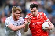 28 April 2024; Tommy Durnin of Louth in action against Shane Farrell of Kildare during the Leinster GAA Football Senior Championship semi-final match between Kildare and Louth at Croke Park in Dublin. Photo by Piaras Ó Mídheach/Sportsfile