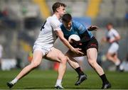 28 April 2024; Louth goalkeeper Niall McDonnell is tackled by Darragh Kirwan of Kildare during the Leinster GAA Football Senior Championship semi-final match between Kildare and Louth at Croke Park in Dublin. Photo by Shauna Clinton/Sportsfile