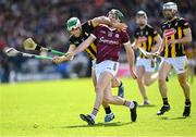 28 April 2024; Cathal Mannion of Galway in action against Paddy Deegan of Kilkenny during the Leinster GAA Hurling Senior Championship Round 2 match between Galway and Kilkenny at Pearse Stadium in Galway. Photo by David Fitzgerald/Sportsfile