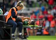 28 April 2024; Kayla Waldron of Railway Union leaves the pitch to receive medical treatment during the Energia All-Ireland League Women's Division 1 final match between UL Bohemian and Railway Union at the Aviva Stadium in Dublin. Photo by Seb Daly/Sportsfile