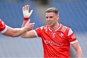 28 April 2024; Conall McKeever of Louth celebrates after his side's victory in the Leinster GAA Football Senior Championship semi-final match between Kildare and Louth at Croke Park in Dublin. Photo by Piaras Ó Mídheach/Sportsfile