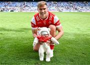 28 April 2024; Conor Grimes of Louth with his 7 week old daughter Izzy after victory in the Leinster GAA Football Senior Championship semi-final match between Kildare and Louth at Croke Park in Dublin. Photo by Piaras Ó Mídheach/Sportsfile