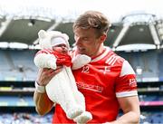 28 April 2024; Conor Grimes of Louth with his 7 week old daughter Izzy after victory in the Leinster GAA Football Senior Championship semi-final match between Kildare and Louth at Croke Park in Dublin. Photo by Piaras Ó Mídheach/Sportsfile