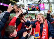 28 April 2024; UL Bohemian head coach Fiona Hayes celebrates with supporters and the trophy after their side's victory in the Energia All-Ireland League Women's Division 1 final match between UL Bohemian and Railway Union at the Aviva Stadium in Dublin. Photo by Seb Daly/Sportsfile
